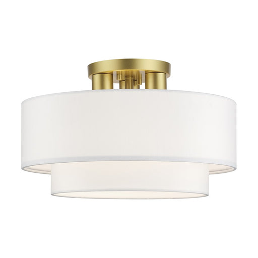 Livex Manorwood 3Lt Semi-Flush, Gold/White Fabric - 50305-33