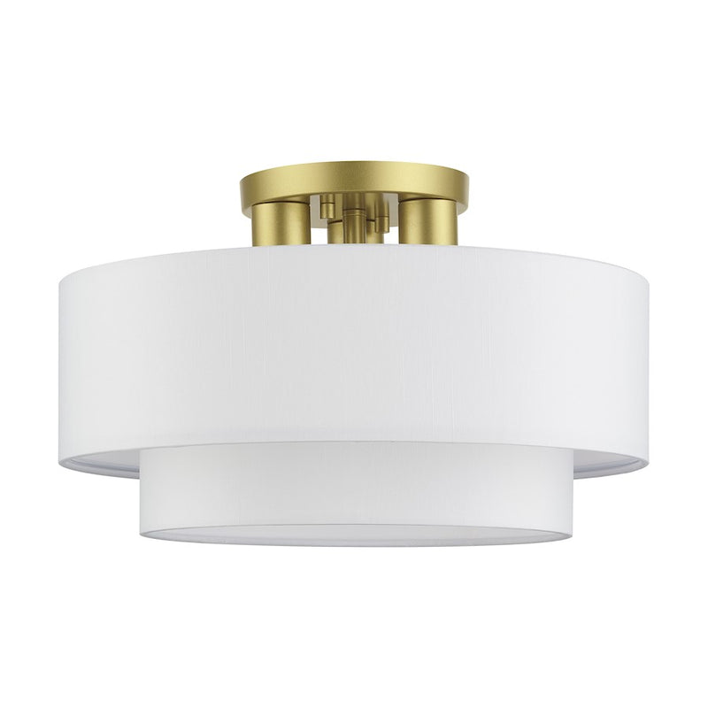 Livex Manorwood 3Lt Semi-Flush, Gold/White Fabric