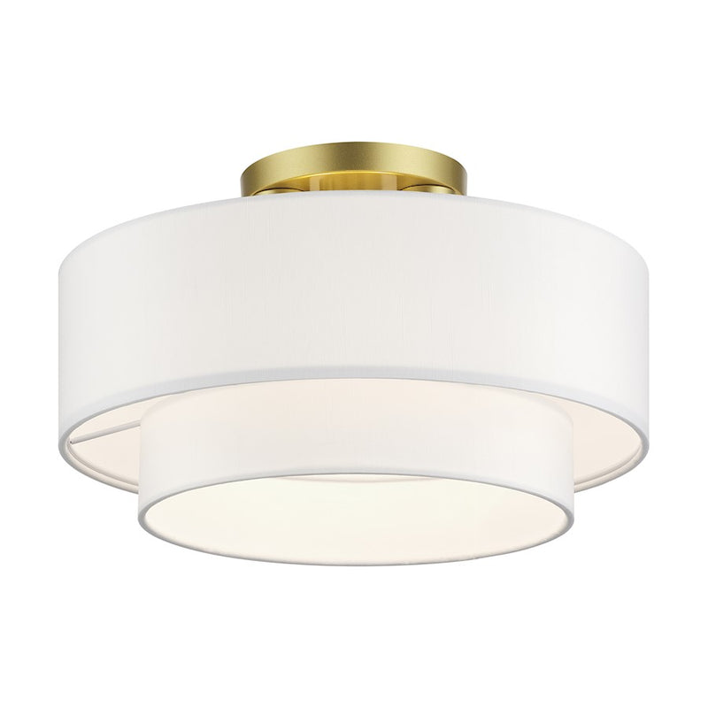 Livex Manorwood 3Lt Semi-Flush, Gold/White Fabric