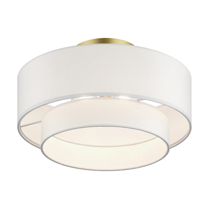 Livex Manorwood 3Lt Semi-Flush, Gold/White Fabric
