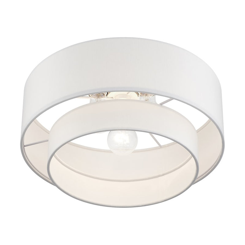 Livex Manorwood 3Lt Semi-Flush, Gold/White Fabric
