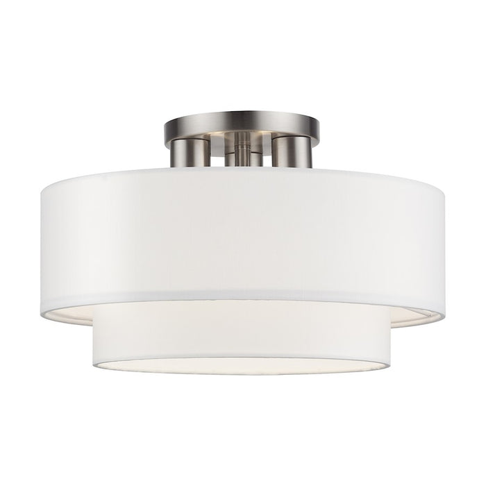 Livex Manorwood 3Lt Semi-Flush, Brushed Nickel/White Fabric - 50305-91