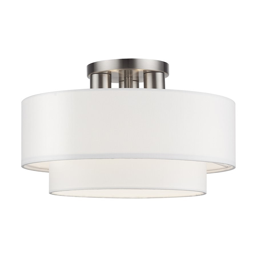 Livex Manorwood 3Lt Semi-Flush, Brushed Nickel/White Fabric - 50305-91