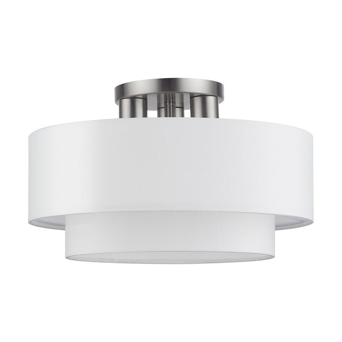 Livex Manorwood 3Lt Semi-Flush, Brushed Nickel/White Fabric