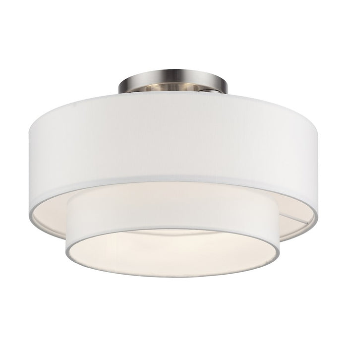 Livex Manorwood 3Lt Semi-Flush, Brushed Nickel/White Fabric