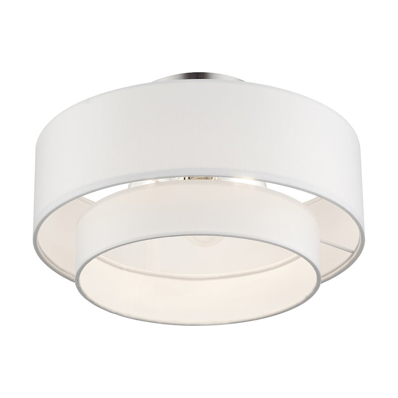 Livex Manorwood 3Lt Semi-Flush, Brushed Nickel/White Fabric