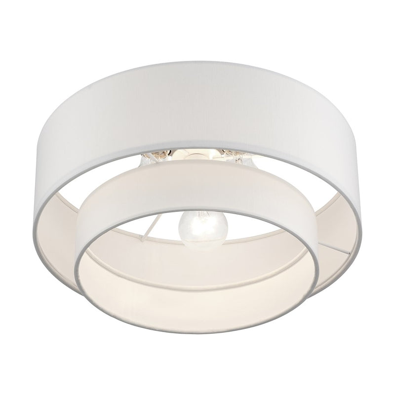 Livex Manorwood 3Lt Semi-Flush, Brushed Nickel/White Fabric