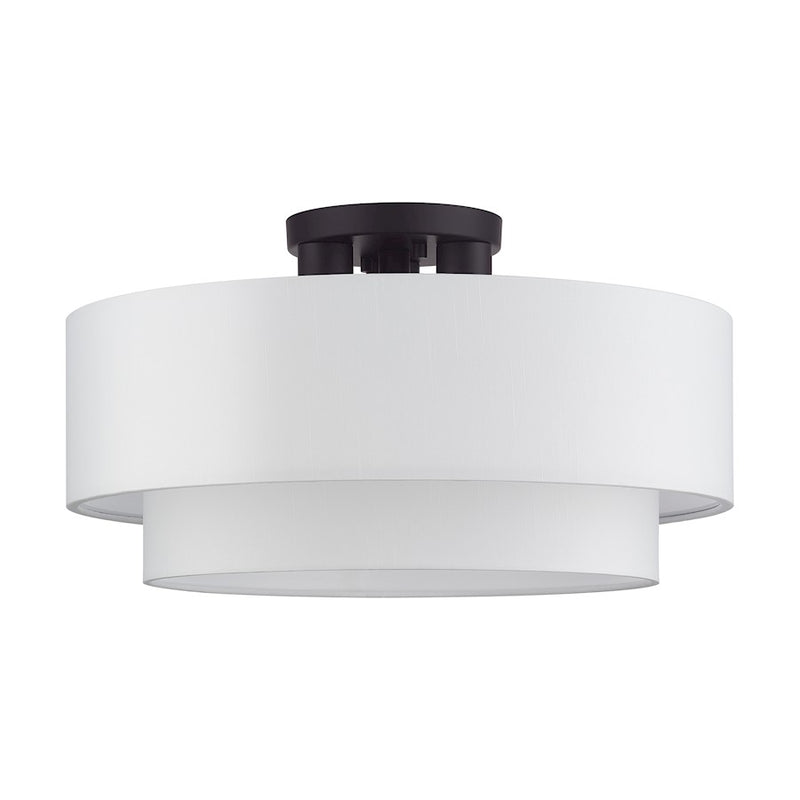 Livex Manorwood 3Lt Semi-Flush, Bronze/White/White Fabric