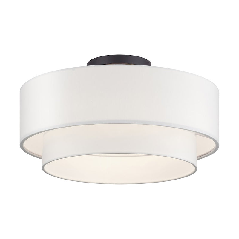 Livex Manorwood 3Lt Semi-Flush, Bronze/White/White Fabric