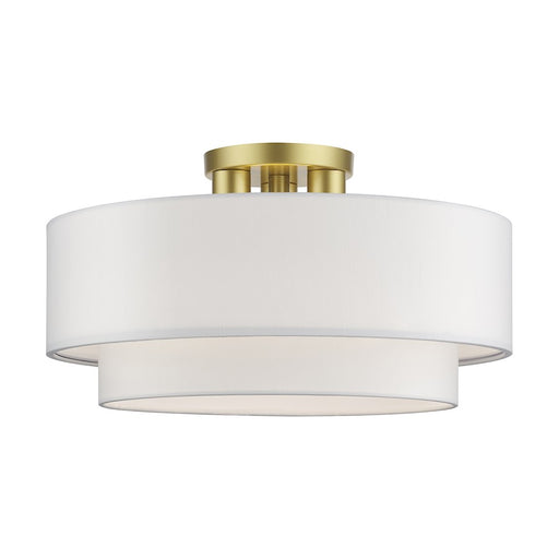 Livex Manorwood 3Lt Semi-Flush, Gold/White/White Fabric - 50306-33