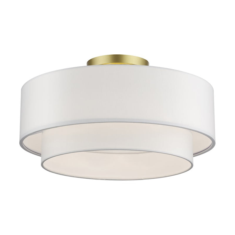 Livex Manorwood 3Lt Semi-Flush, Gold/White/White Fabric