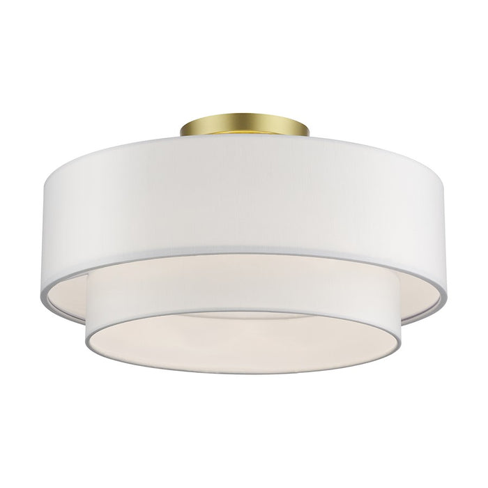 Livex Manorwood 3Lt Semi-Flush, Gold/White/White Fabric