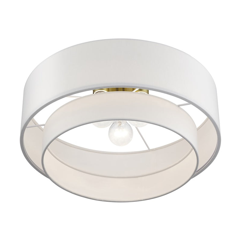 Livex Manorwood 3Lt Semi-Flush, Gold/White/White Fabric