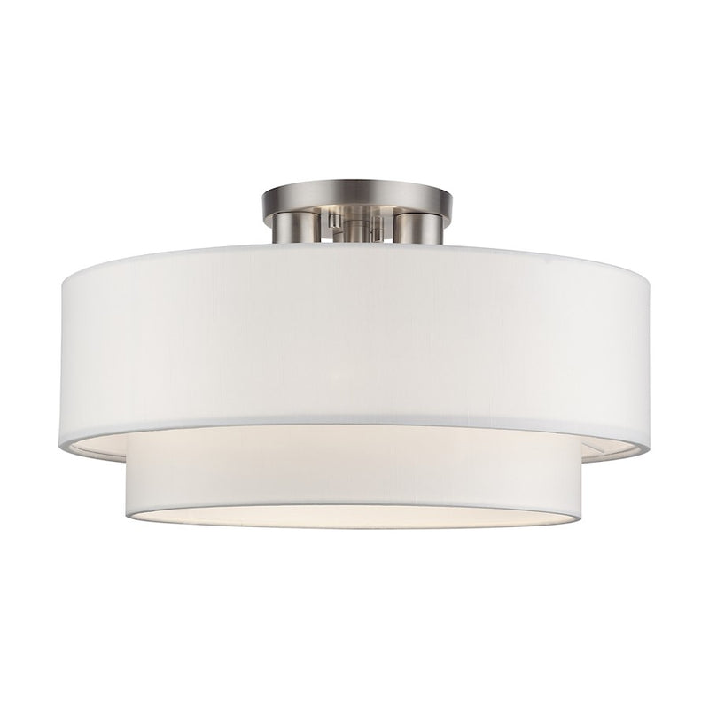 Livex Manorwood 3Lt Semi-Flush, Brushed Nickel/White/White Fabric - 50306-91