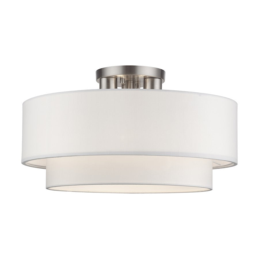 Livex Manorwood 3Lt Semi-Flush, Brushed Nickel/White/White Fabric - 50306-91