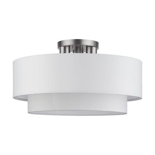 Livex Manorwood 3Lt Semi-Flush, Brushed Nickel/White/White Fabric