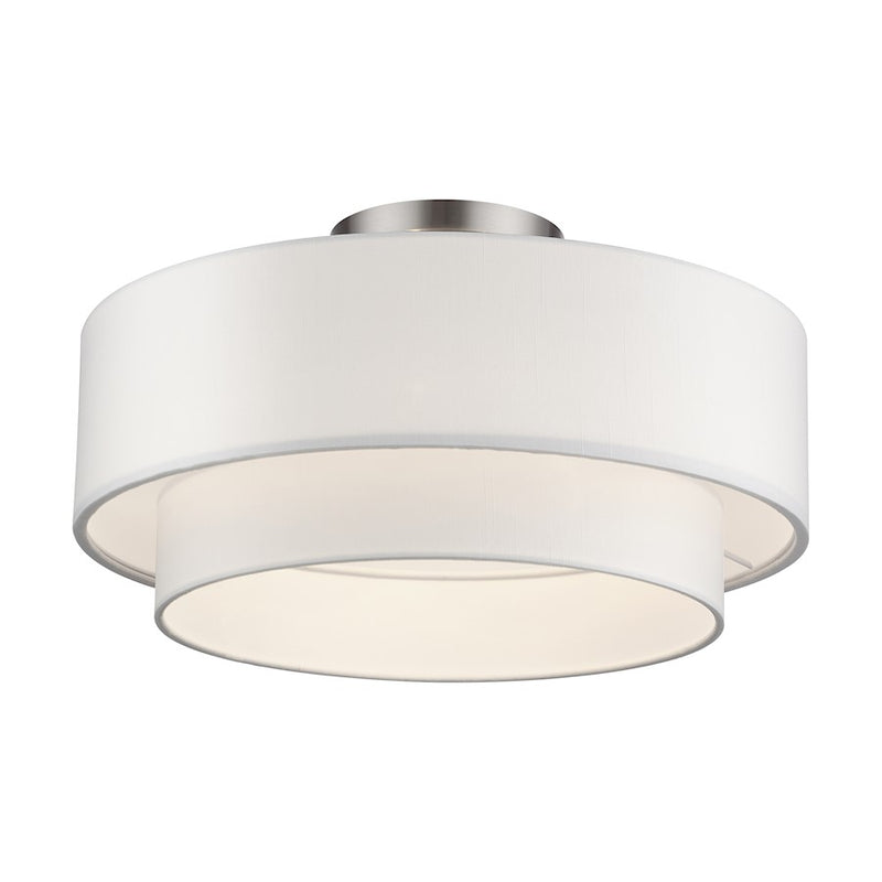 Livex Manorwood 3Lt Semi-Flush, Brushed Nickel/White/White Fabric
