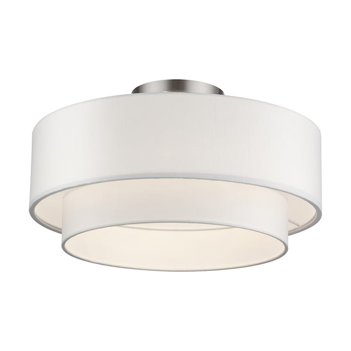 Livex Manorwood 3Lt Semi-Flush, Brushed Nickel/White/White Fabric