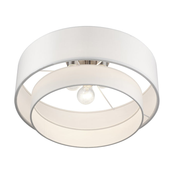 Livex Manorwood 3Lt Semi-Flush, Brushed Nickel/White/White Fabric