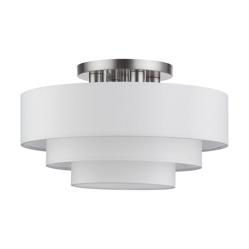 Livex Manorwood 4Lt Semi-Flush, Brushed Nickel/White/White Fabric