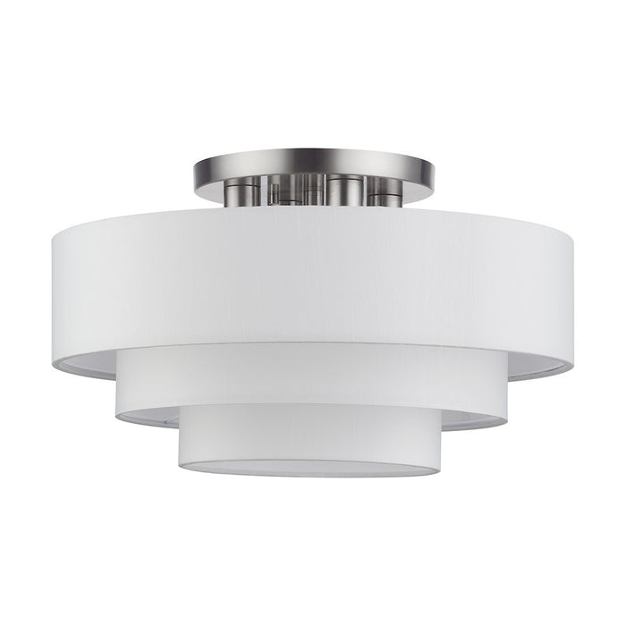 Livex Manorwood 4Lt Semi-Flush, Brushed Nickel/White/White Fabric