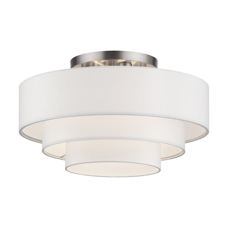 Livex Manorwood 4Lt Semi-Flush, Brushed Nickel/White/White Fabric