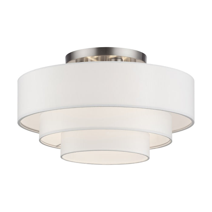 Livex Manorwood 4Lt Semi-Flush, Brushed Nickel/White/White Fabric