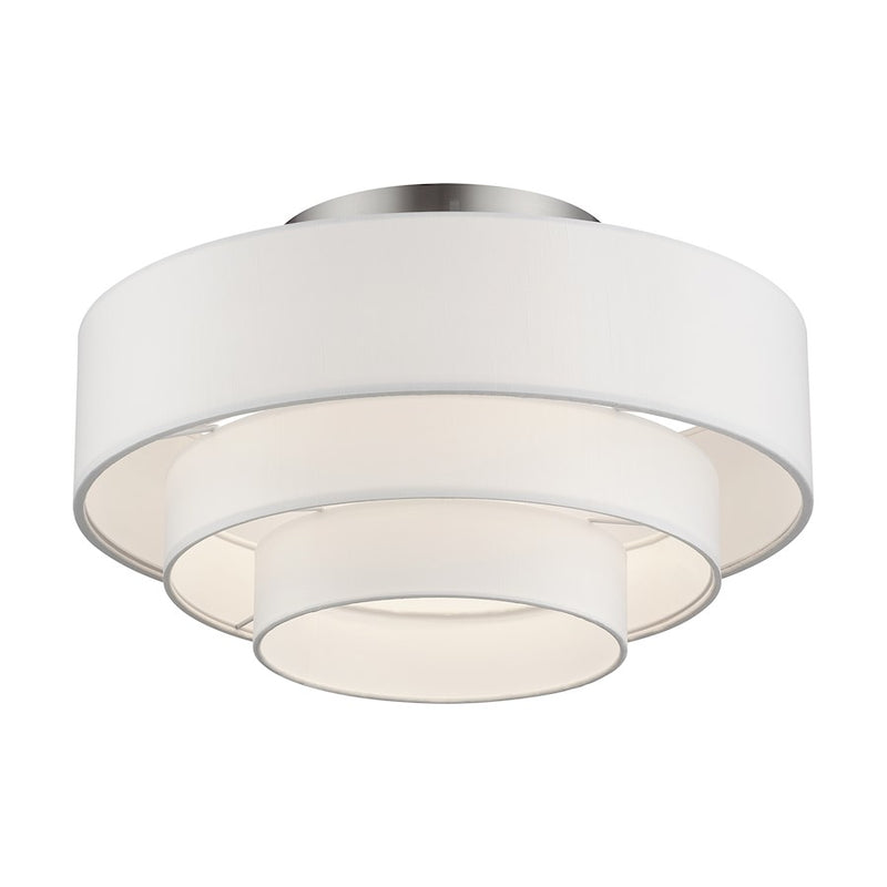 Livex Manorwood 4Lt Semi-Flush, Brushed Nickel/White/White Fabric