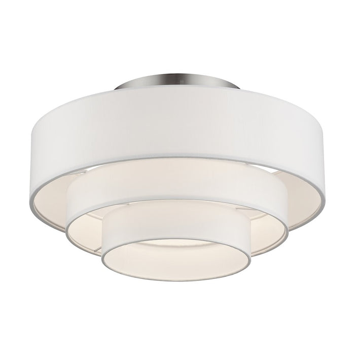 Livex Manorwood 4Lt Semi-Flush, Brushed Nickel/White/White Fabric