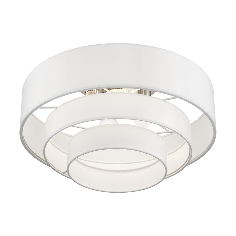 Livex Manorwood 4Lt Semi-Flush, Brushed Nickel/White/White Fabric