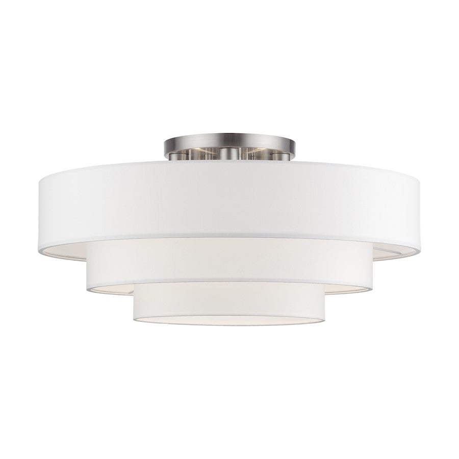 Livex Manorwood 5Lt Semi-Flush, Brushed Nickel/White/White Fabric - 50309-91