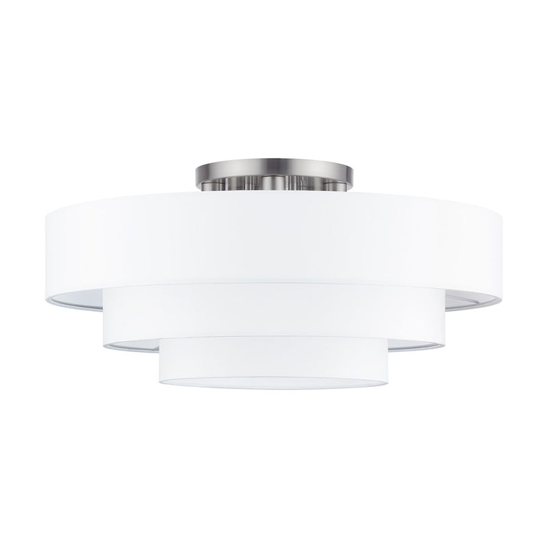 Livex Manorwood 5Lt Semi-Flush, Brushed Nickel/White/White Fabric