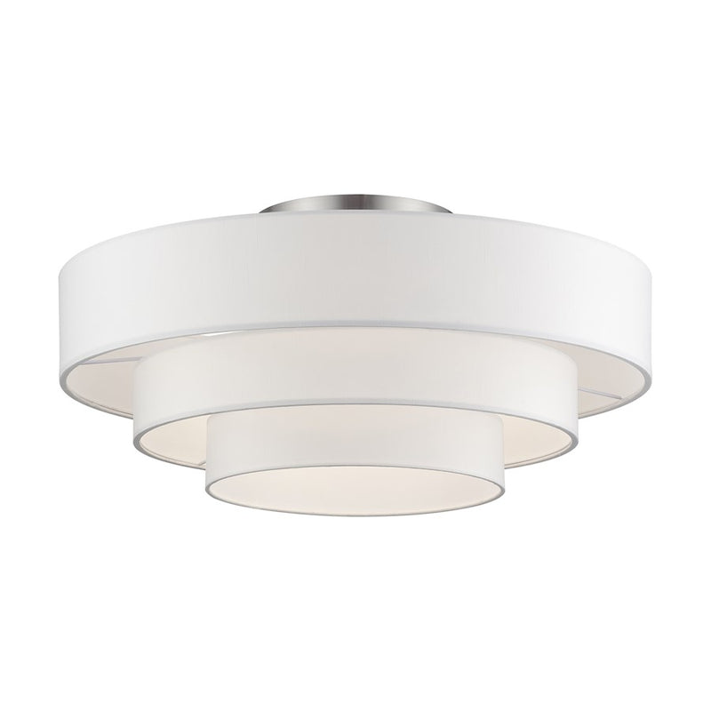 Livex Manorwood 5Lt Semi-Flush, Brushed Nickel/White/White Fabric