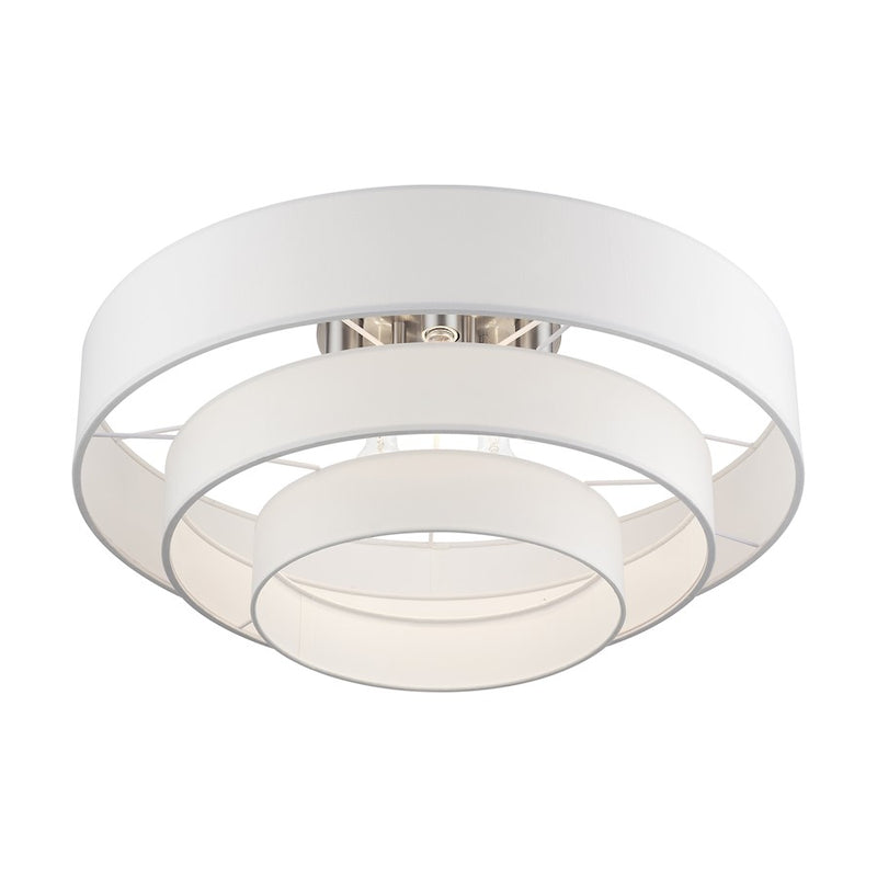 Livex Manorwood 5Lt Semi-Flush, Brushed Nickel/White/White Fabric
