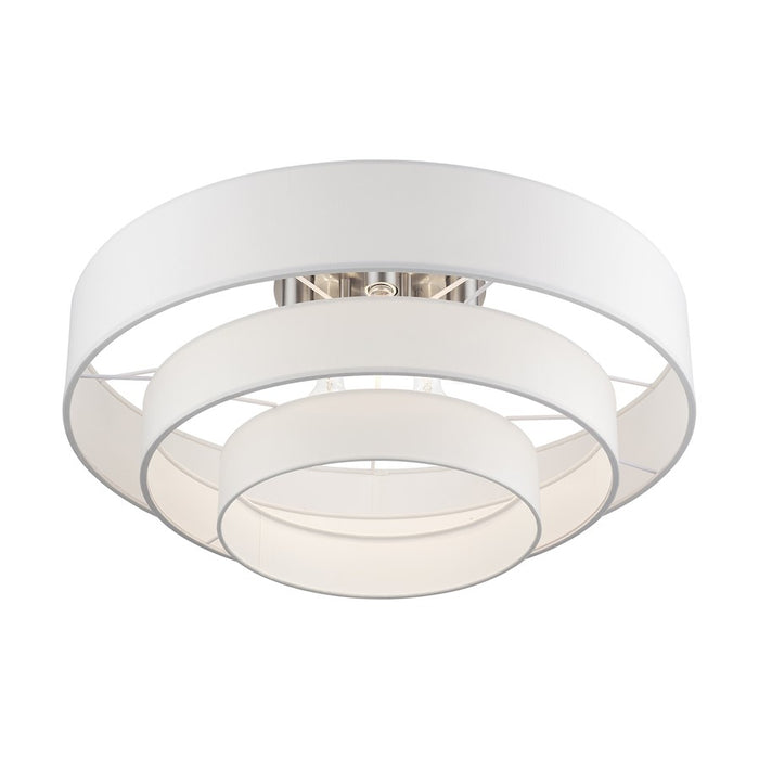 Livex Manorwood 5Lt Semi-Flush, Brushed Nickel/White/White Fabric