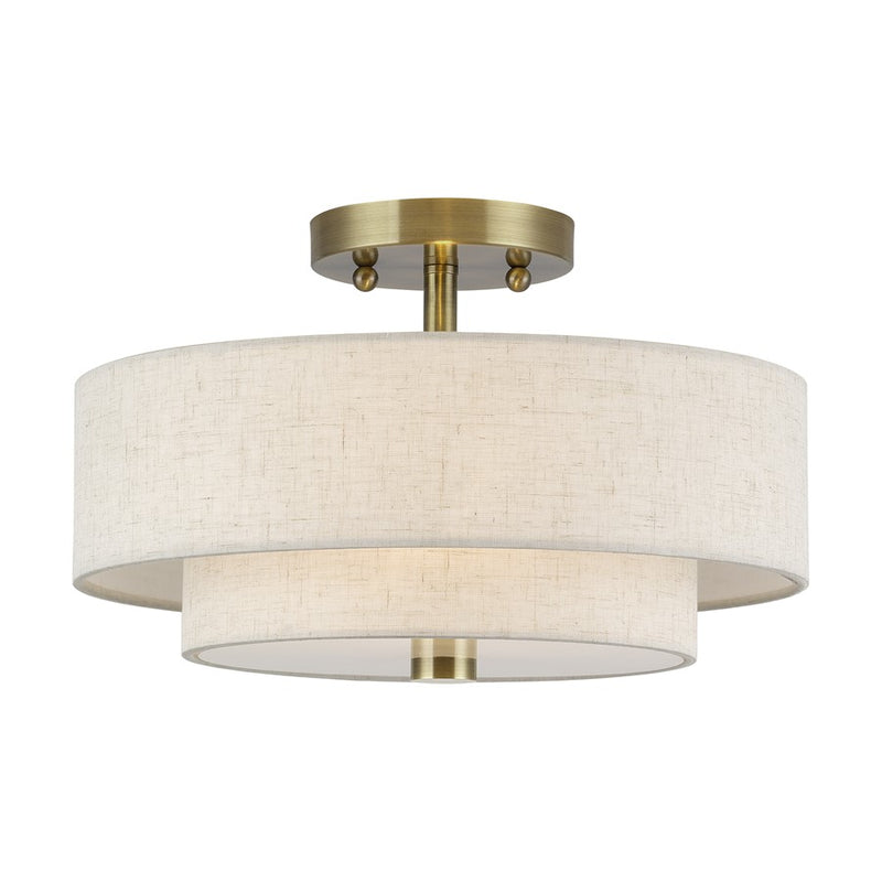 Livex Monroe 2Lt 8" Semi-Flush, Brass/Oatmeal/White - 51083-01