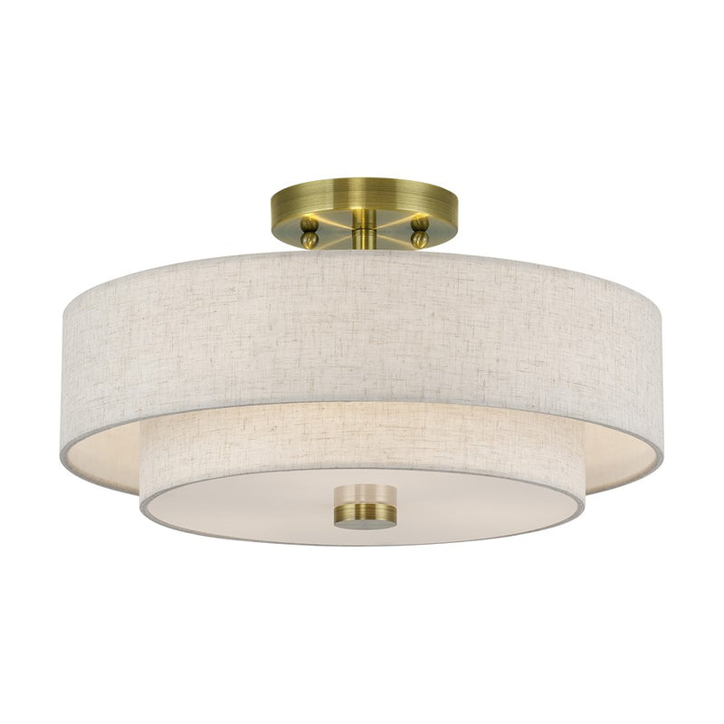 Livex Monroe 3Lt 8" Semi-Flush, Brass/Oatmeal/White
