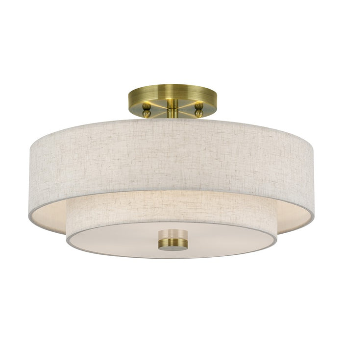 Livex Monroe 3Lt 8" Semi-Flush, Brass/Oatmeal/White