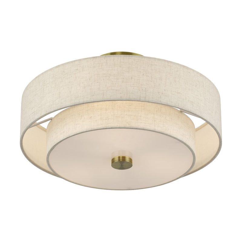 Livex Monroe 3Lt 8" Semi-Flush, Brass/Oatmeal/White