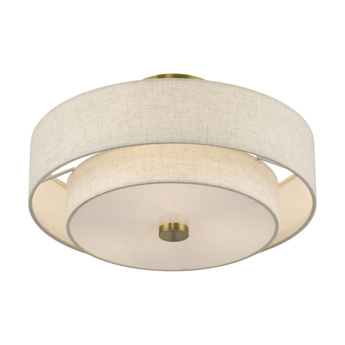Livex Monroe 3Lt 8" Semi-Flush, Brass/Oatmeal/White