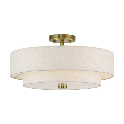 Livex Monroe 4Lt 9" Semi-Flush, Brass/Oatmeal/White - 51085-01