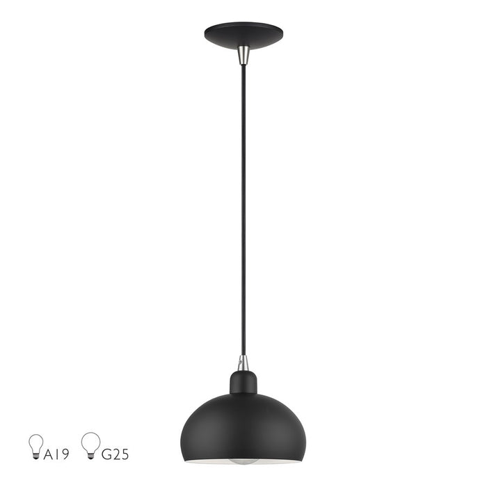 Livex Domma 1Lt Mini Pendant, Black/Nickel Accents/Black/Shiny White - 51513-04