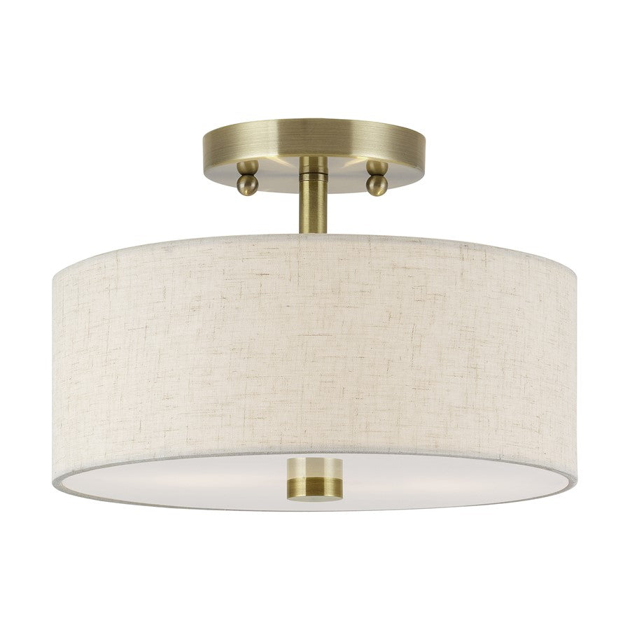 Livex Monroe 2Lt 11" Dia Semi-Flush, Brass/Oatmeal/White - 52133-01