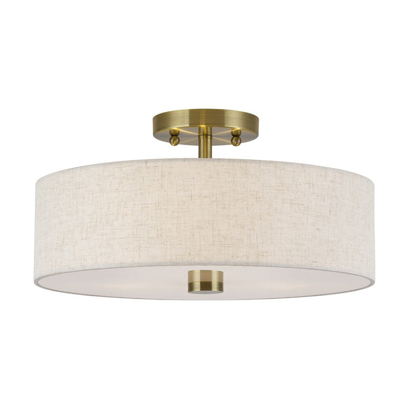 Livex Monroe 3Lt 15" Dia Semi-Flush, Brass/Oatmeal/White - 52135-01