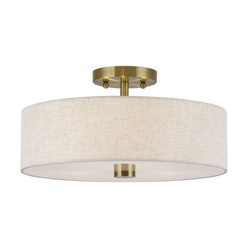 Livex Monroe 3Lt 15" Dia Semi-Flush, Brass/Oatmeal/White - 52135-01