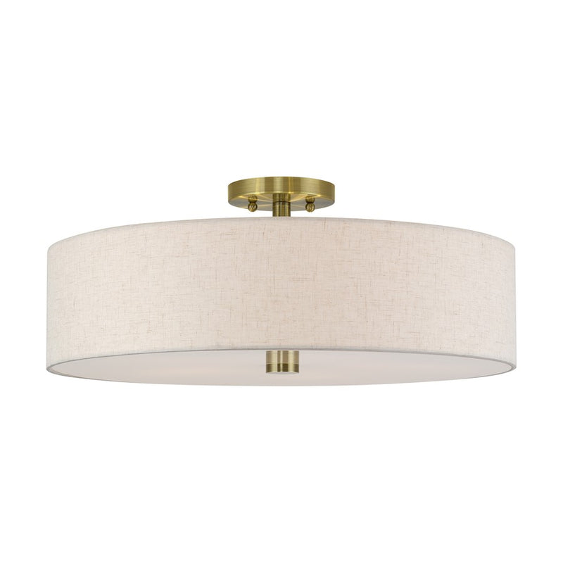Livex Monroe 5Lt 9" Semi-Flush, Brass/Oatmeal/White - 52141-01