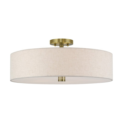 Livex Monroe 5Lt 9" Semi-Flush, Brass/Oatmeal/White - 52141-01