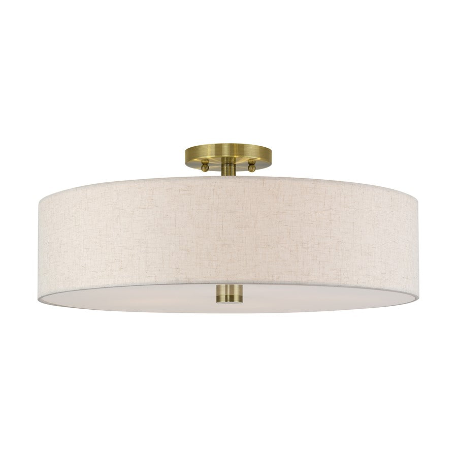 Livex Monroe 5Lt 9" Semi-Flush, Brass/Oatmeal/White - 52141-01
