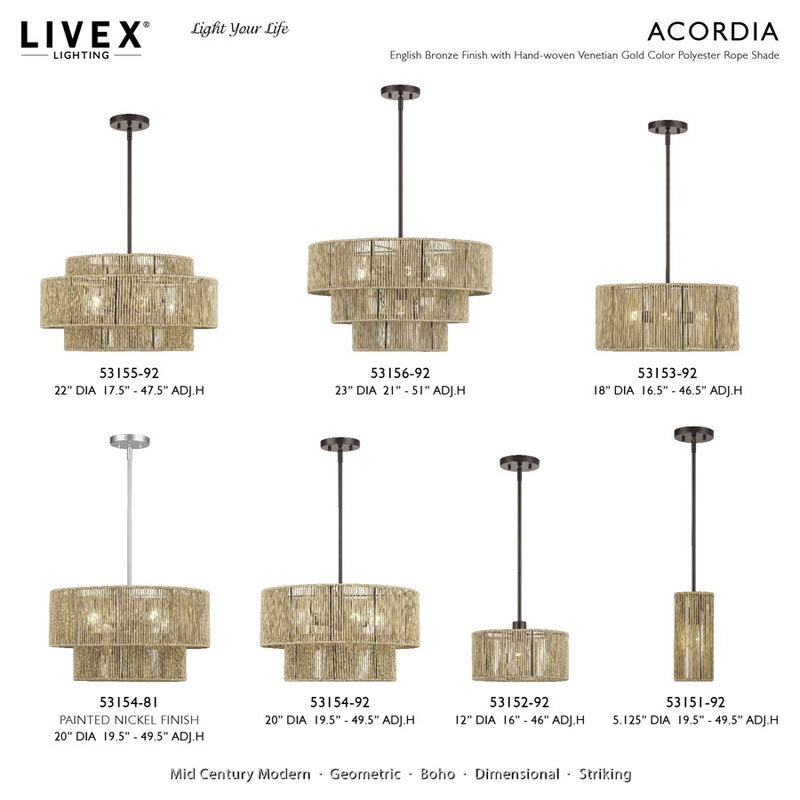 Livex Acordia 1Lt Mini Pendant, Bronze/Venetian Gold Polyester Rope