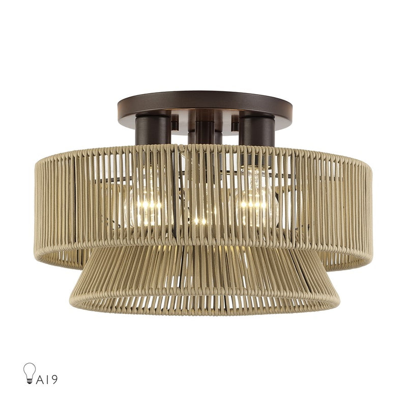 Livex Florell 3Lt 15" Dia Semi-Flush, Bronze/Gold Polyester - 53166-92